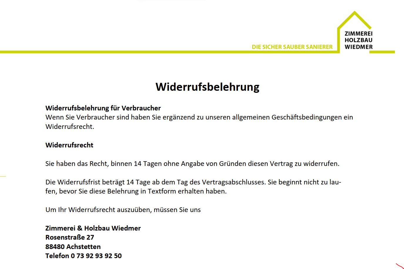 Ein deutsches Dokument mit dem Titel Widerrufsbelehrung von Zimmerei & Holzbau Wiedmer, ebenfalls spezialisiert auf Dachsanierung, erläutert das Recht der Verbraucher, Verträge innerhalb von 14 Tagen zu widerrufen. Die Kontaktinformationen sind am Ende des Dokuments aufgeführt.