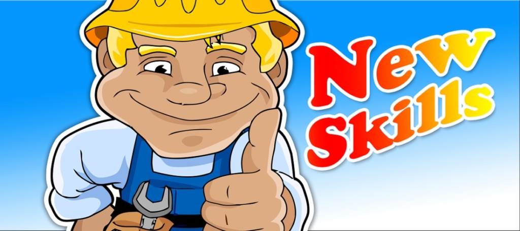 Cartoon-Bauarbeiter mit gelbem Schutzhelm und blauer Latzhose zeigt den Daumen hoch und hält einen Schraubenschlüssel. Die Worte "New Skills" erscheinen in fetten roten und gelben Buchstaben und heben Zimmerei vor einem blauen Hintergrund mit Farbverlauf hervor.