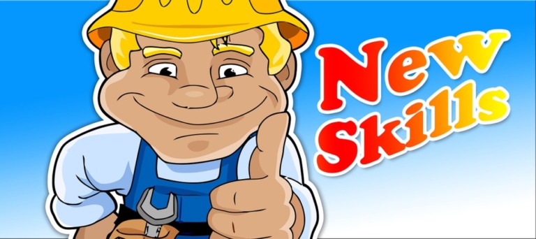 Cartoon-Bauarbeiter mit gelbem Schutzhelm und blauer Latzhose zeigt den Daumen hoch und hält einen Schraubenschlüssel. Die Worte "New Skills" erscheinen in fetten roten und gelben Buchstaben und heben Zimmerei vor einem blauen Hintergrund mit Farbverlauf hervor.