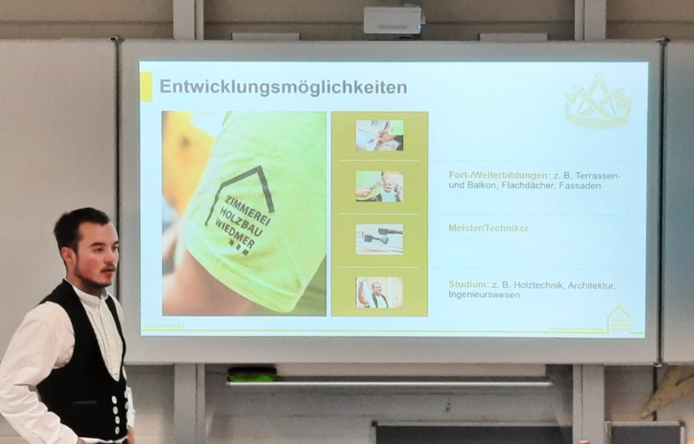 Ein Mann in traditioneller Zimmermannskleidung steht vor einem Dia mit dem Titel Entwicklungsmöglichkeiten und gibt Einblicke in die berufliche Entwicklung in der Zimmerei und Dachsanierung, während Text und Bilder auf einer Leinwand im Klassenzimmer angezeigt werden.