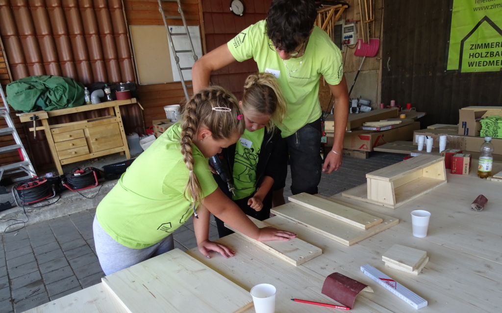 Zwei Kinder und ein Erwachsener arbeiten gemeinsam am Zusammenbau von Holzteilen an einem Zimmerei-Werkstatttisch. Die Kinder sind konzentriert bei der Sache, während der Erwachsene sie anleitet. Verschiedene Werkzeuge und Materialien für die Dachsanierung liegen auf dem Tisch verstreut.