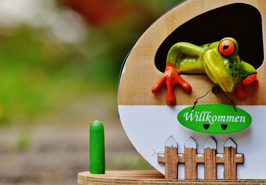 Ein Keramikfrosch mit leuchtend orangefarbenen Füßen lugt aus einem kleinen Holzhaus hervor, das mit fachmännischer Zimmerei gebaut wurde, komplett mit einem winzigen Zaun und einem grünen Willkommen-Schild. Der Hintergrund besteht aus verschwommenem Grün.