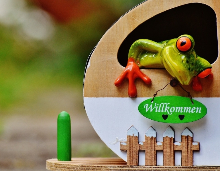 Ein Keramikfrosch mit leuchtend orangefarbenen Füßen lugt aus einem kleinen Holzhaus hervor, das mit fachmännischer Zimmerei gebaut wurde, komplett mit einem winzigen Zaun und einem grünen Willkommen-Schild. Der Hintergrund besteht aus verschwommenem Grün.
