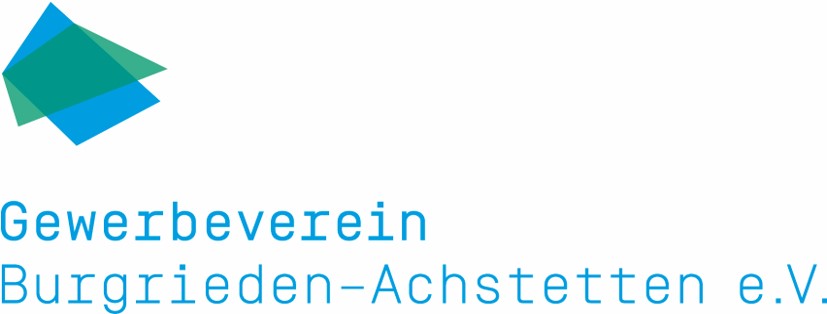 Logo des Gewerbevereins Burgrieden-Achstetten e.V. mit sich überschneidenden grünen und blauen geometrischen Formen oben links, die Bereiche wie die Zimmerei widerspiegeln, und dem Vereinsnamen in blauer Schrift unten links.