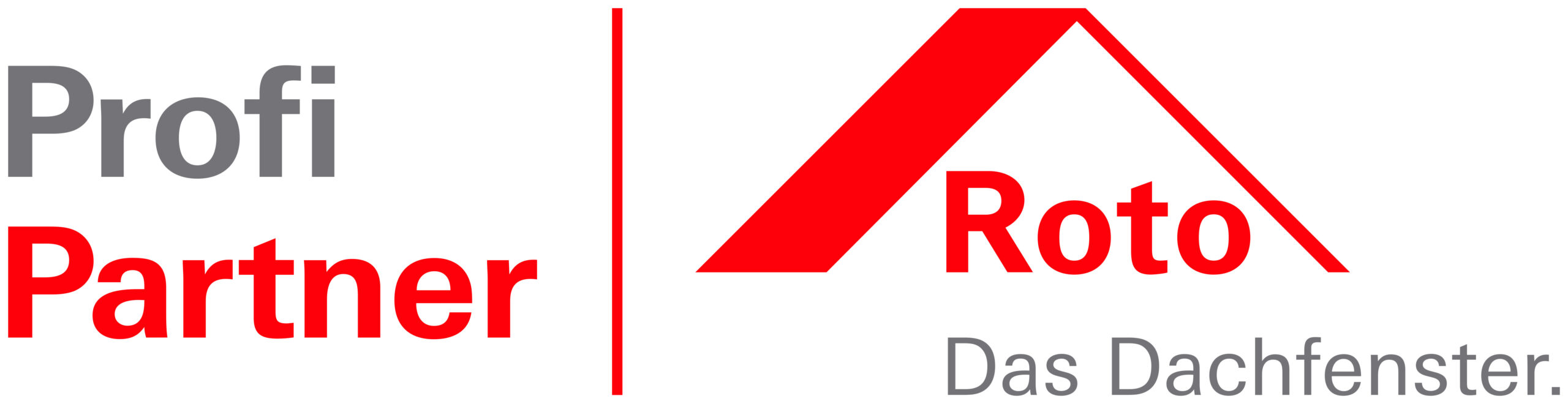 Logo mit Profi Partner in grauer und roter Schrift auf der linken Seite, einer roten senkrechten Linie und Roto Das Dachfenster mit roter Dachform auf der rechten Seite - ideal für Zimmerei oder Dachsanierung Profis.